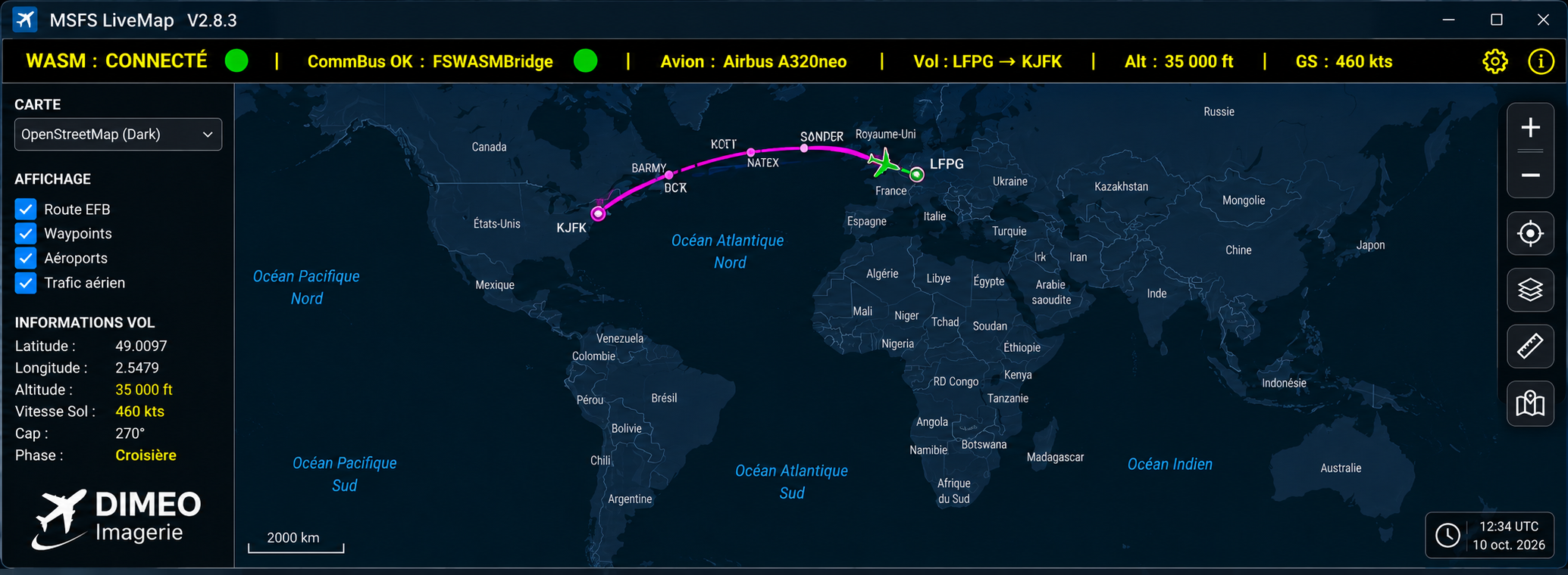 Interface de l’application MSFS LiveMap