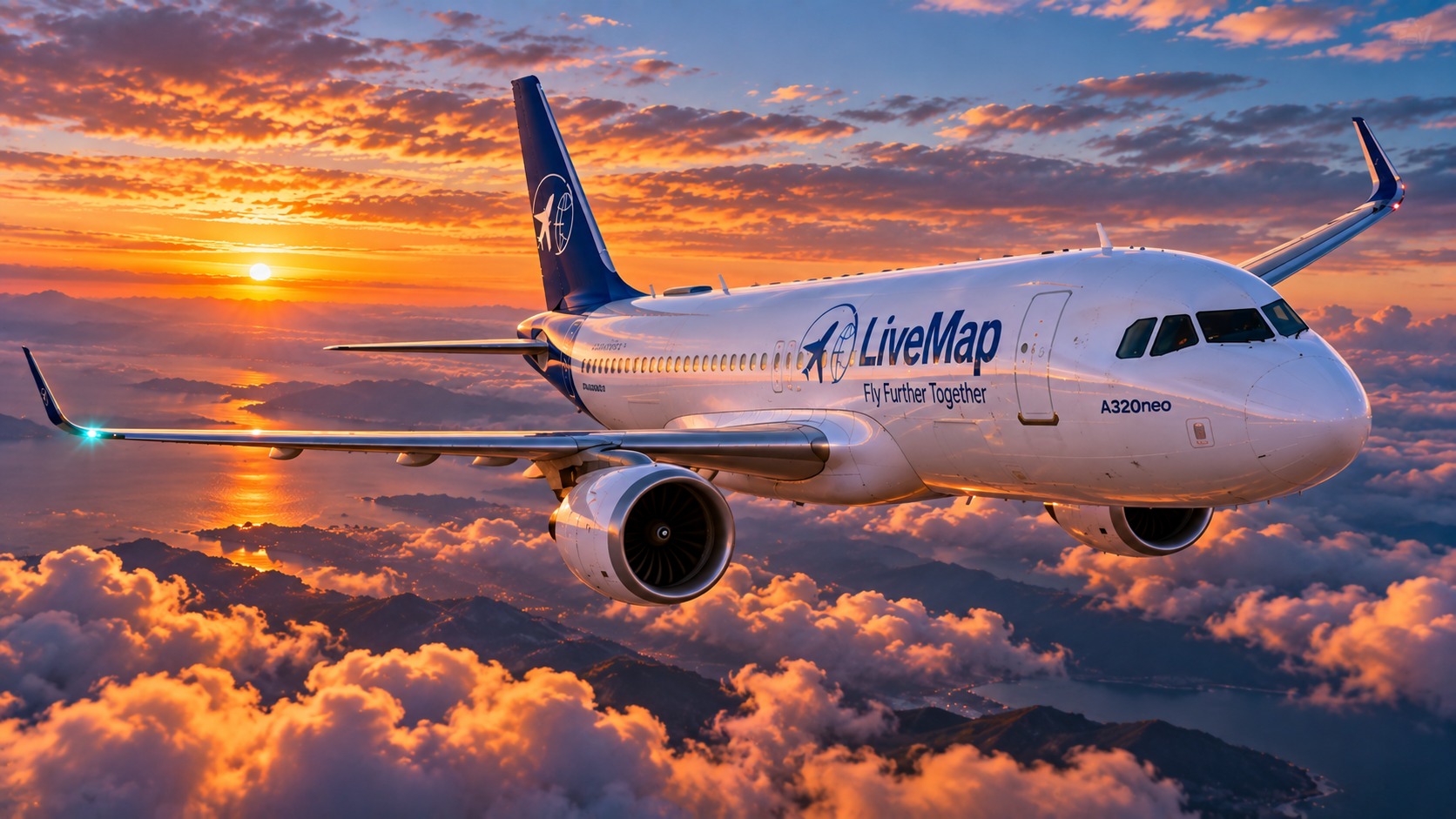 Avion LiveMap en croisière au coucher du soleil