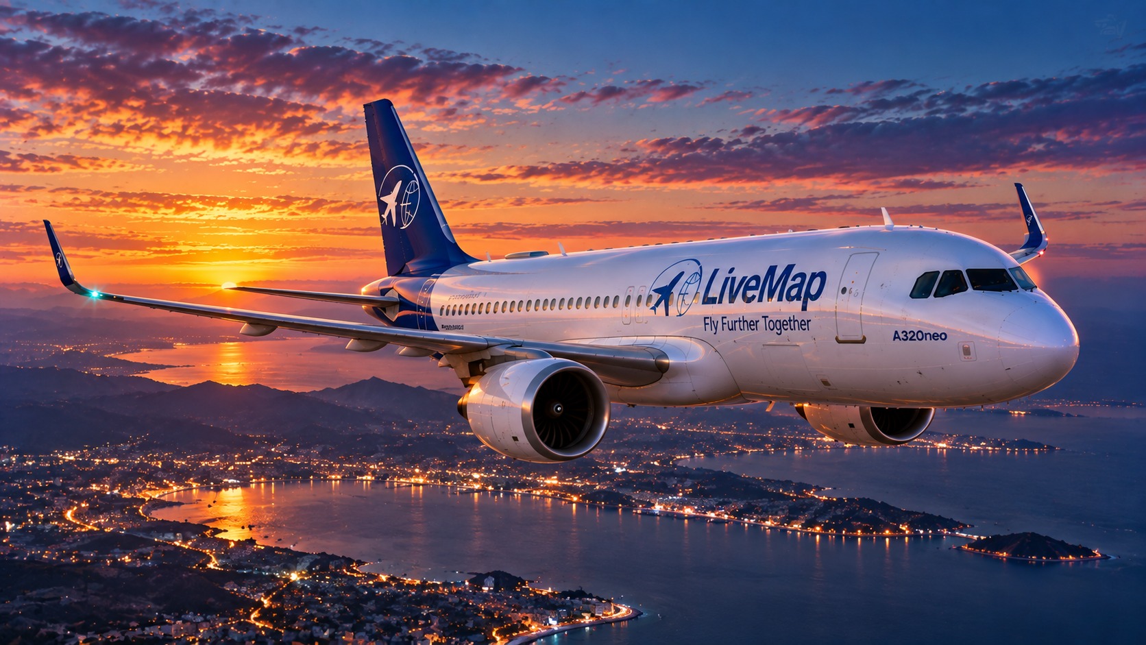 Avion LiveMap en vol au-dessus d’une ville au crépuscule