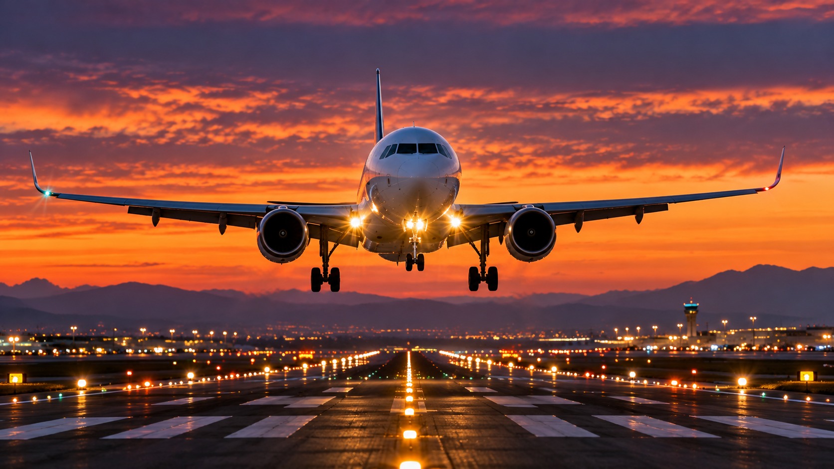 Avion en approche finale sur une piste éclairée