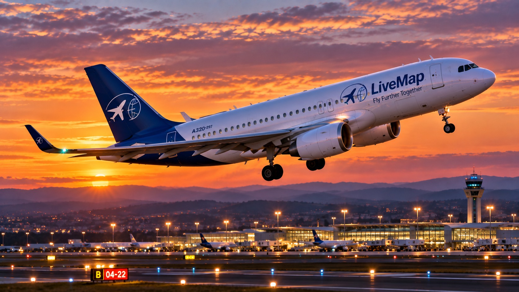 Avion LiveMap au décollage au coucher du soleil