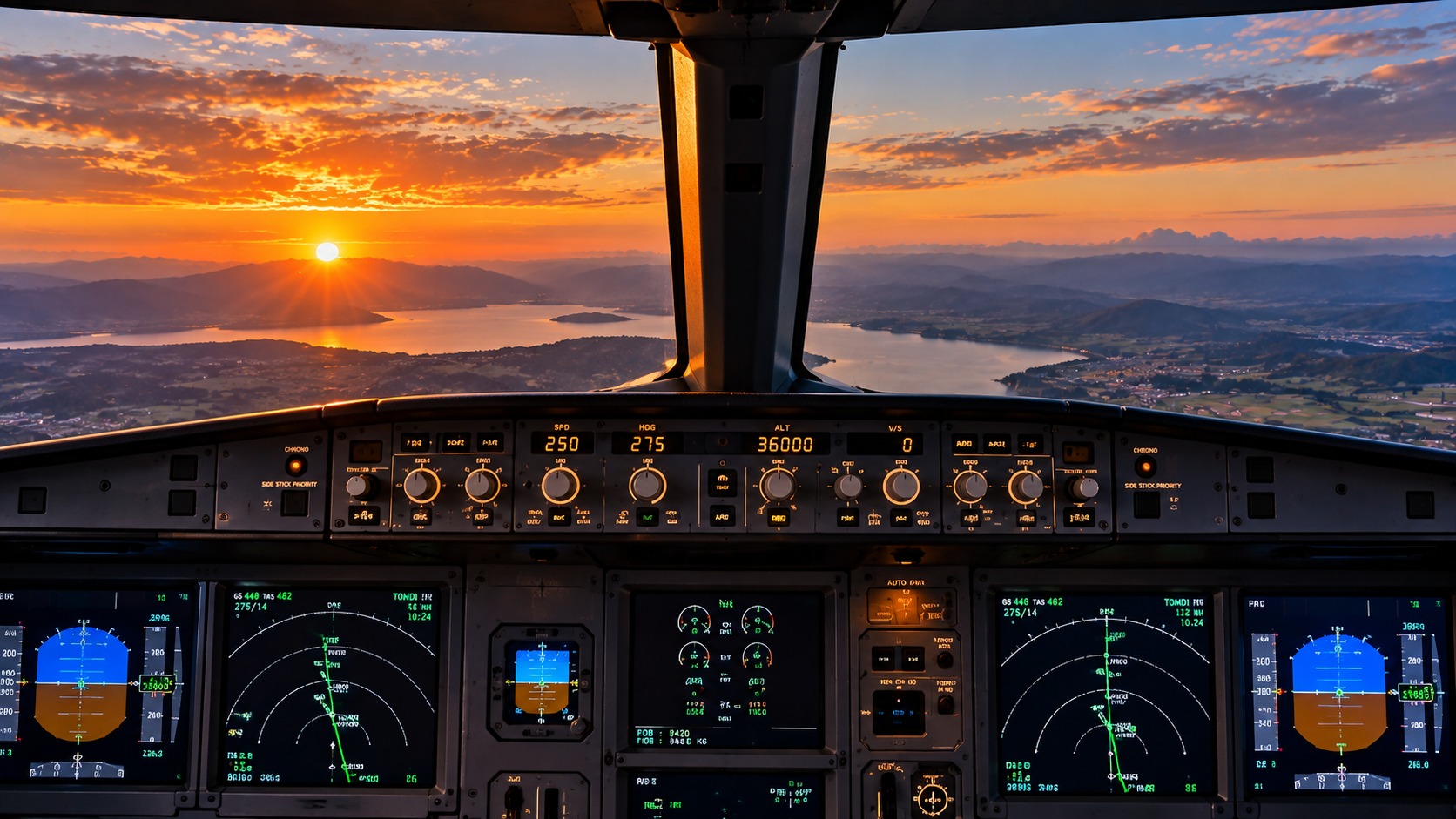 Cockpit en vol au coucher du soleil